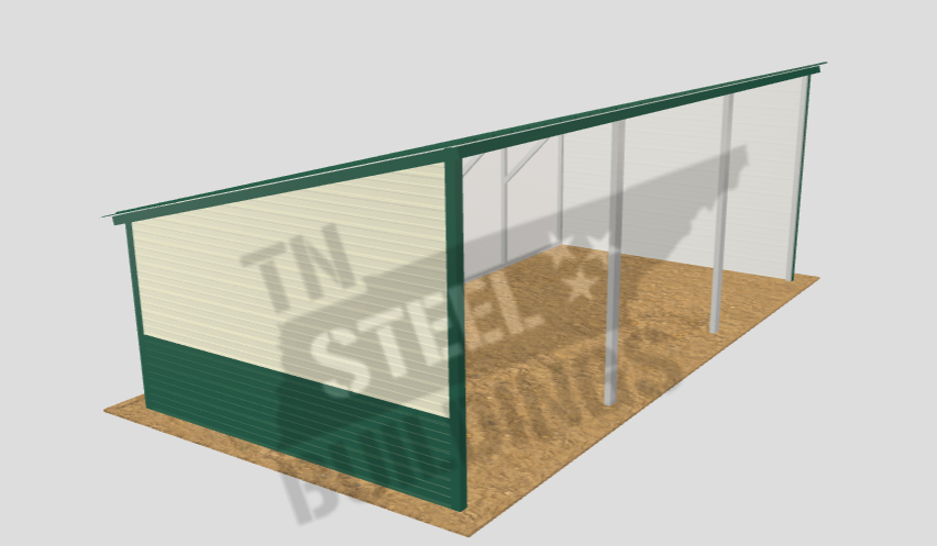 Open-sided structures ideal for livestock shelter or equipment storage with easy access.